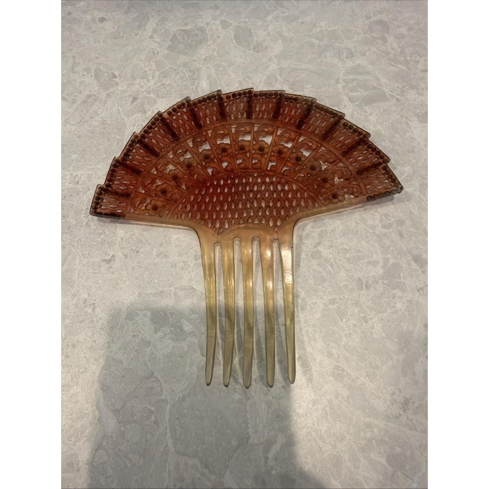 Vintage Hair Comb Art Deco  Celluloid Fan Design Red Rhinestones  6 In X 6 1/2. - Picture 5 of 5